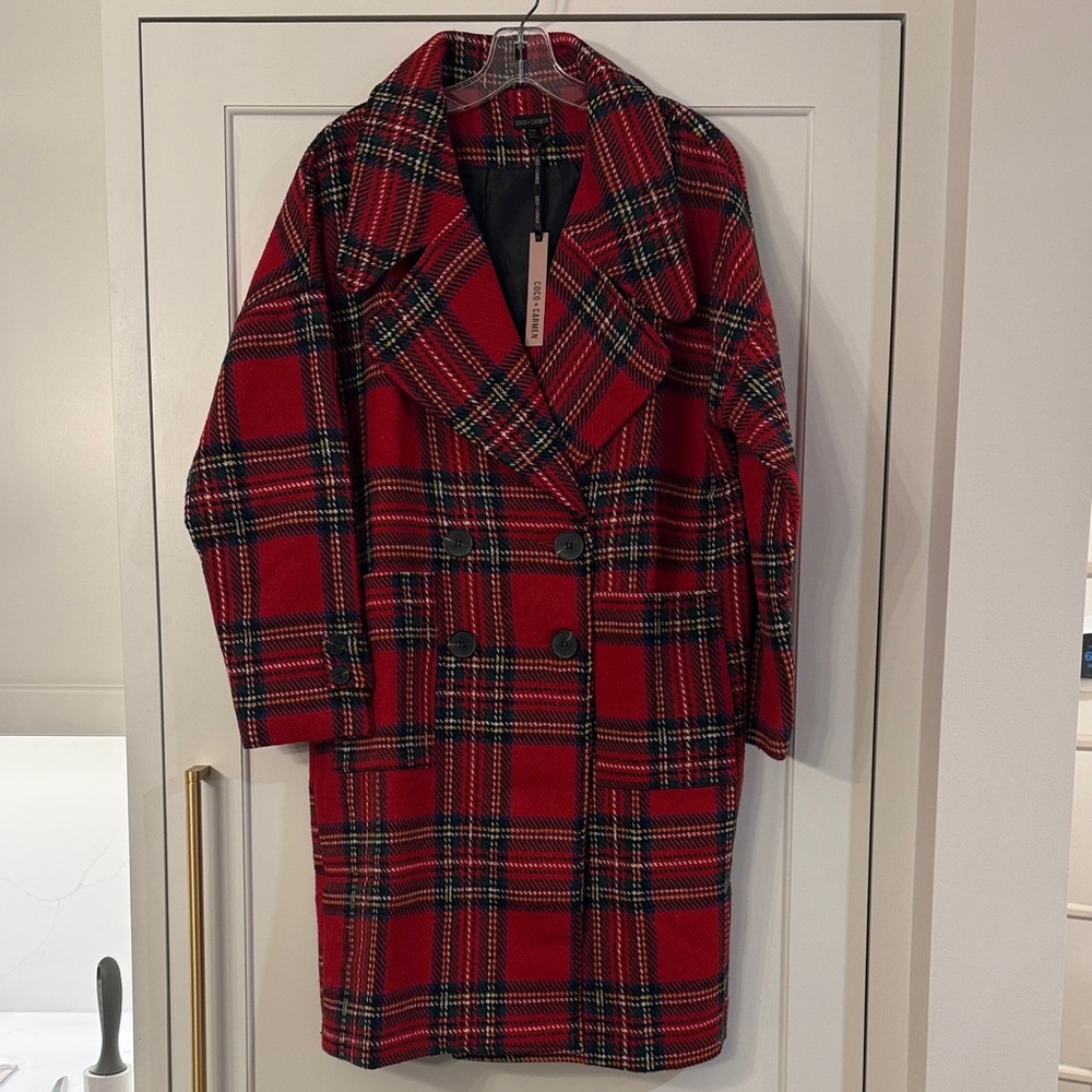 Coco + Carmen Red Plaid Pea Coat